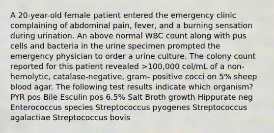 A 20-year-old female patient entered the emergency clinic complaining of abdominal pain, fever, and a burning sensation during urination. An above normal WBC count along with pus cells and bacteria in the urine specimen prompted the emergency physician to order a urine culture. The colony count reported for this patient revealed >100,000 col/mL of a non-hemolytic, catalase-negative, gram- positive cocci on 5% sheep blood agar. The following test results indicate which organism? PYR pos Bile Esculin pos 6.5% Salt Broth growth Hippurate neg Enterococcus species Streptococcus pyogenes Streptococcus agalactiae Streptococcus bovis