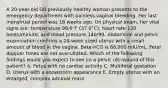 A 20-year-old G0 previously healthy woman presents to the emergency department with painless vaginal bleeding. Her last menstrual period was 16 weeks ago. On physical exam, her vital signs are: temperature 98.6°F (37.0°C); heart rate 120 beats/minute; and blood pressure 140/90. Abdominal and pelvic examination confirms a 20-week sized uterus with a small amount of blood in the vagina. Beta-hCG is 68,000 mIU/mL. Fetal doppler tones are not auscultated. Which of the following findings would you expect to see on a pelvic ultrasound of this patient? A. Fetus with no cardiac activity C. Multifetal gestation D. Uterus with a snowstorm appearance E. Empty uterus with an enlarged, complex adnexal mass