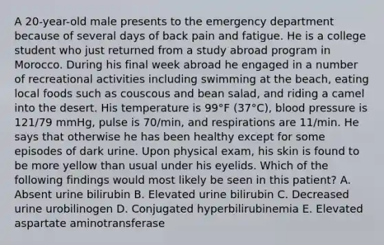 A 20-year-old male presents to the emergency department because of several days of back pain and fatigue. He is a college student who just returned from a study abroad program in Morocco. During his final week abroad he engaged in a number of recreational activities including swimming at the beach, eating local foods such as couscous and bean salad, and riding a camel into the desert. His temperature is 99°F (37°C), blood pressure is 121/79 mmHg, pulse is 70/min, and respirations are 11/min. He says that otherwise he has been healthy except for some episodes of dark urine. Upon physical exam, his skin is found to be more yellow than usual under his eyelids. Which of the following findings would most likely be seen in this patient? A. Absent urine bilirubin B. Elevated urine bilirubin C. Decreased urine urobilinogen D. Conjugated hyperbilirubinemia E. Elevated aspartate aminotransferase