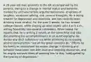 A 20-year-old man presents to the ER accompanied by his parents, owing to a change in mental status and behavior, marked by uncharacteristic argumentativeness, eruptions of laughter, excessive talking, and unusual thoughts. He is being treated for depression and insomnia, and has recently been drinking more alcohol. For the past 2 weeks, he has missed college classes, while staying up most nights until 4 or 5 a.m., writing feverishly into several notebooks. When asked, he reports that he is writing 2 novels at the same time and also documenting his accomplishments in an autobiography. He denies any illicit substance use while admitting to increasing alcohol consumption "like all the great novelists do." Efforts by his family to understand his recent change in thinking and behavior have been met with loud and rambling discourses, and he angrily accuses them of wanting him to stay "subjugated by the tyranny of depression."