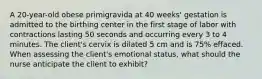 A 20-year-old obese primigravida at 40 weeks' gestation is admitted to the birthing center in the first stage of labor with contractions lasting 50 seconds and occurring every 3 to 4 minutes. The client's cervix is dilated 5 cm and is 75% effaced. When assessing the client's emotional status, what should the nurse anticipate the client to exhibit?