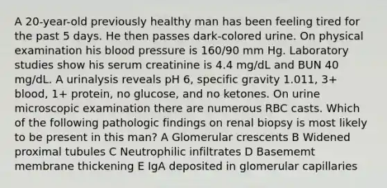 A 20-year-old previously healthy man has been feeling tired for the past 5 days. He then passes dark-colored urine. On physical examination his blood pressure is 160/90 mm Hg. Laboratory studies show his serum creatinine is 4.4 mg/dL and BUN 40 mg/dL. A urinalysis reveals pH 6, specific gravity 1.011, 3+ blood, 1+ protein, no glucose, and no ketones. On urine microscopic examination there are numerous RBC casts. Which of the following pathologic findings on renal biopsy is most likely to be present in this man? A Glomerular crescents B Widened proximal tubules C Neutrophilic infiltrates D Basememt membrane thickening E IgA deposited in glomerular capillaries