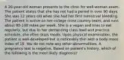 A 20-year-old woman presents to the clinic for well-woman exam. The patient states that she has not had a period in over 90 days. She was 12 years old when she had her first menstrual bleeding. The patient is active on her college cross country team, and runs about 80-100 miles per week. She is a vegan and tries to eat regularly, but due to her demanding class load and practice schedule, she often skips meals. Upon physical examination, the patient is well-developed but is noticeably thin with a body mass index of 18. You do not note any other abnormalities. A pregnancy test is negative. Based on patient's history, which of the following is the most likely diagnosis?