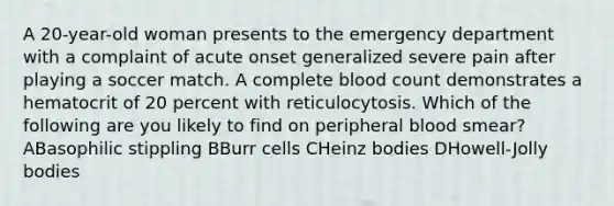 A 20-year-old woman presents to the emergency department with a complaint of acute onset generalized severe pain after playing a soccer match. A complete blood count demonstrates a hematocrit of 20 percent with reticulocytosis. Which of the following are you likely to find on peripheral blood smear? ABasophilic stippling BBurr cells CHeinz bodies DHowell-Jolly bodies