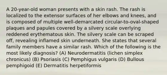 A 20-year-old woman presents with a skin rash. The rash is localized to the extensor surfaces of her elbows and knees, and is composed of multiple well-demarcated circular-to-oval-shaped plaques and papules covered by a silvery scale overlying reddened erythematous skin. The silvery scale can be scraped off, revealing inflamed skin underneath. She states that several family members have a similar rash. Which of the following is the most likely diagnosis? (A) Neurodermatitis (lichen simplex chronicus) (B) Psoriasis (C) Pemphigus vulgaris (D) Bullous pemphigoid (E) Dermatitis herpetiformis