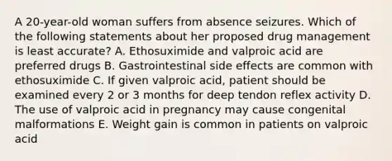 A 20-year-old woman suffers from absence seizures. Which of the following statements about her proposed drug management is least accurate? A. Ethosuximide and valproic acid are preferred drugs B. Gastrointestinal side effects are common with ethosuximide C. If given valproic acid, patient should be examined every 2 or 3 months for deep tendon reflex activity D. The use of valproic acid in pregnancy may cause congenital malformations E. Weight gain is common in patients on valproic acid