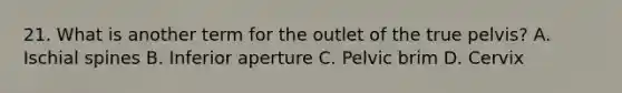 21. What is another term for the outlet of the true pelvis? A. Ischial spines B. Inferior aperture C. Pelvic brim D. Cervix