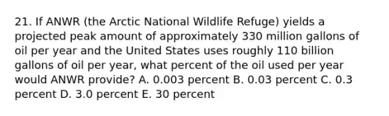 21. If ANWR (the Arctic National Wildlife Refuge) yields a projected peak amount of approximately 330 million gallons of oil per year and the United States uses roughly 110 billion gallons of oil per year, what percent of the oil used per year would ANWR provide? A. 0.003 percent B. 0.03 percent C. 0.3 percent D. 3.0 percent E. 30 percent