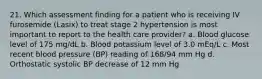 21. Which assessment finding for a patient who is receiving IV furosemide (Lasix) to treat stage 2 hypertension is most important to report to the health care provider? a. Blood glucose level of 175 mg/dL b. Blood potassium level of 3.0 mEq/L c. Most recent blood pressure (BP) reading of 168/94 mm Hg d. Orthostatic systolic BP decrease of 12 mm Hg