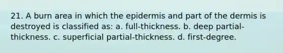 21. A burn area in which the epidermis and part of the dermis is destroyed is classified as: a. full-thickness. b. deep partial-thickness. c. superficial partial-thickness. d. first-degree.