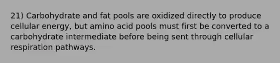 21) Carbohydrate and fat pools are oxidized directly to produce cellular energy, but amino acid pools must first be converted to a carbohydrate intermediate before being sent through cellular respiration pathways.