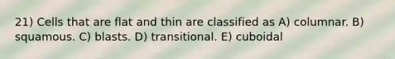 21) Cells that are flat and thin are classified as A) columnar. B) squamous. C) blasts. D) transitional. E) cuboidal