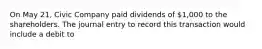 On May 21, Civic Company paid dividends of 1,000 to the shareholders. The journal entry to record this transaction would include a debit to