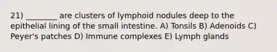 21) ________ are clusters of lymphoid nodules deep to the epithelial lining of the small intestine. A) Tonsils B) Adenoids C) Peyer's patches D) Immune complexes E) Lymph glands