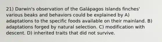 21) Darwin's observation of the Galápagos Islands finches' various beaks and behaviors could be explained by A) adaptations to the specific foods available on their mainland. B) adaptations forged by natural selection. C) modification with descent. D) inherited traits that did not survive.