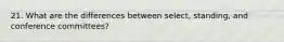 21. What are the differences between select, standing, and conference committees?