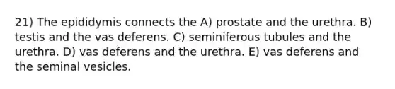 21) The epididymis connects the A) prostate and the urethra. B) testis and the vas deferens. C) seminiferous tubules and the urethra. D) vas deferens and the urethra. E) vas deferens and the seminal vesicles.