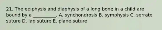 21. The epiphysis and diaphysis of a long bone in a child are bound by a __________. A. synchondrosis B. symphysis C. serrate suture D. lap suture E. plane suture