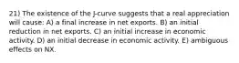 21) The existence of the J-curve suggests that a real appreciation will cause: A) a final increase in net exports. B) an initial reduction in net exports. C) an initial increase in economic activity. D) an initial decrease in economic activity. E) ambiguous effects on NX.