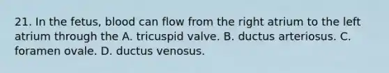 21. In the fetus, blood can flow from the right atrium to the left atrium through the A. tricuspid valve. B. ductus arteriosus. C. foramen ovale. D. ductus venosus.