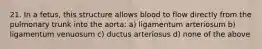 21. In a fetus, this structure allows blood to flow directly from the pulmonary trunk into the aorta: a) ligamentum arteriosum b) ligamentum venuosum c) ductus arteriosus d) none of the above