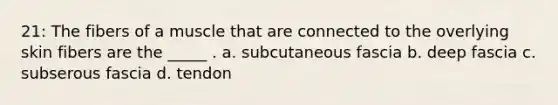 21: The fibers of a muscle that are connected to the overlying skin fibers are the _____ . a. subcutaneous fascia b. deep fascia c. subserous fascia d. tendon