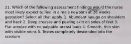 21. Which of the following assessment findings would the nurse most likely expect to find in a male newborn at 28 weeks gestation? Select all that apply. 1. Abundant lanugo on shoulders and back 2. Deep creases and peeling skin on soles of feet 3. Flat areolae with no palpable breast buds 4. Smooth, thin skin with visible veins 5. Testes completely descended into the scrotum