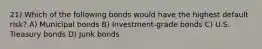 21) Which of the following bonds would have the highest default risk? A) Municipal bonds B) Investment-grade bonds C) U.S. Treasury bonds D) Junk bonds