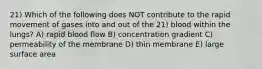 21) Which of the following does NOT contribute to the rapid movement of gases into and out of the 21) blood within the lungs? A) rapid blood flow B) concentration gradient C) permeability of the membrane D) thin membrane E) large surface area