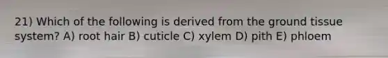 21) Which of the following is derived from the ground tissue system? A) root hair B) cuticle C) xylem D) pith E) phloem