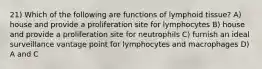 21) Which of the following are functions of lymphoid tissue? A) house and provide a proliferation site for lymphocytes B) house and provide a proliferation site for neutrophils C) furnish an ideal surveillance vantage point for lymphocytes and macrophages D) A and C