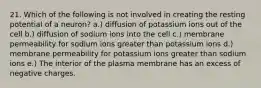 21. Which of the following is not involved in creating the resting potential of a neuron? a.) diffusion of potassium ions out of the cell b.) diffusion of sodium ions into the cell c.) membrane permeability for sodium ions greater than potassium ions d.) membrane permeability for potassium ions greater than sodium ions e.) The interior of the plasma membrane has an excess of negative charges.