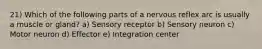 21) Which of the following parts of a nervous reflex arc is usually a muscle or gland? a) Sensory receptor b) Sensory neuron c) Motor neuron d) Effector e) Integration center