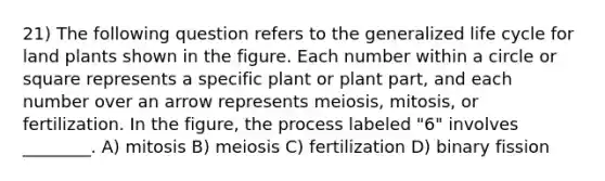 21) The following question refers to the generalized life cycle for land plants shown in the figure. Each number within a circle or square represents a specific plant or plant part, and each number over an arrow represents meiosis, mitosis, or fertilization. In the figure, the process labeled "6" involves ________. A) mitosis B) meiosis C) fertilization D) binary fission