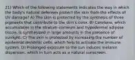 21) Which of the following statements indicates the way in which the body's natural defenses protect the skin from the effects of UV damage? A) The skin is protected by the synthesis of three pigments that contribute to the skin's color. B) Carotene, which accumulates in the stratum corneum and hypodermal adipose tissue, is synthesized in large amounts in the presence of sunlight. C) The skin is protected by increasing the number of epidermal dendritic cells, which help to activate the immune system. D) Prolonged exposure to the sun induces melanin dispersion, which in turn acts as a natural sunscreen.