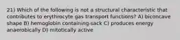 21) Which of the following is not a structural characteristic that contributes to erythrocyte gas transport functions? A) biconcave shape B) hemoglobin containing-sack C) produces energy anaerobically D) mitotically active