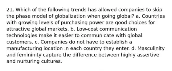 21. Which of the following trends has allowed companies to skip the phase model of globalization when going global? a. Countries with growing levels of purchasing power are good choices for attractive global markets. b. Low-cost communication technologies make it easier to communicate with global customers. c. Companies do not have to establish a manufacturing location in each country they enter. d. Masculinity and femininity capture the difference between highly assertive and nurturing cultures.