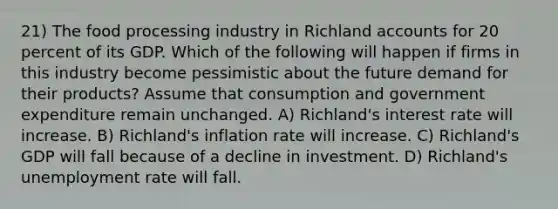 21) The food processing industry in Richland accounts for 20 percent of its GDP. Which of the following will happen if firms in this industry become pessimistic about the future demand for their products? Assume that consumption and government expenditure remain unchanged. A) Richland's interest rate will increase. B) Richland's inflation rate will increase. C) Richland's GDP will fall because of a decline in investment. D) Richland's <a href='https://www.questionai.com/knowledge/kh7PJ5HsOk-unemployment-rate' class='anchor-knowledge'>unemployment rate</a> will fall.