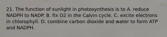 21. The function of sunlight in photosynthesis is to A. reduce NADPH to NADP. B. fix O2 in the Calvin cycle. C. excite electrons in chlorophyll. D. combine carbon dioxide and water to form ATP and NADPH.