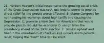 21. Herbert Hoover's initial response to the growing social crisis of the Great Depression was to A. use federal power to provide direct relief for the people worse affected. B. blame Congress for not heeding his warnings about high tariffs and causing the Depression. C. promise a New Deal for Americans that would provide jobs to rebuild the economy. D. resign from the presidency ahead of the 1932 election. E. remain upbeat and trust in the voluntarism of charities and individuals to provide relief; hoping the "bust" time will be short.