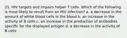 21. HIV targets and impairs helper T cells. Which of the following is most likely to result from an HIV infection? a. a decrease in the amount of white blood cells in the blood b. an increase in the activity of B cells c. an increase in the production of antibodies specific for the displayed antigen d. a decrease in the activity of B cells