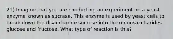 21) Imagine that you are conducting an experiment on a yeast enzyme known as sucrase. This enzyme is used by yeast cells to break down the disaccharide sucrose into the monosaccharides glucose and fructose. What type of reaction is this?