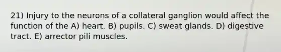 21) Injury to the neurons of a collateral ganglion would affect the function of the A) heart. B) pupils. C) sweat glands. D) digestive tract. E) arrector pili muscles.