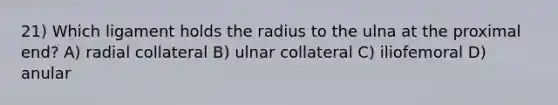 21) Which ligament holds the radius to the ulna at the proximal end? A) radial collateral B) ulnar collateral C) iliofemoral D) anular