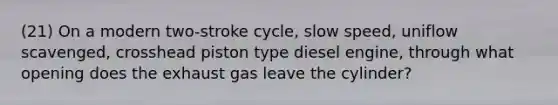 (21) On a modern two-stroke cycle, slow speed, uniflow scavenged, crosshead piston type diesel engine, through what opening does the exhaust gas leave the cylinder?