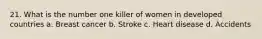 21. What is the number one killer of women in developed countries a. Breast cancer b. Stroke c. Heart disease d. Accidents