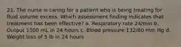 21. The nurse is caring for a patient who is being treating for fluid volume excess. Which assessment finding indicates that treatment has been effective? a. Respiratory rate 24/min b. Output 1500 mL in 24 hours c. Blood pressure 132/80 mm Hg d. Weight loss of 5 lb in 24 hours