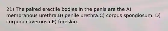 21) The paired erectile bodies in the penis are the A) membranous urethra.B) penile urethra.C) corpus spongiosum. D) corpora cavernosa.E) foreskin.