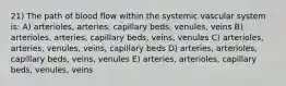 21) The path of blood flow within the systemic vascular system is: A) arterioles, arteries, capillary beds, venules, veins B) arterioles, arteries, capillary beds, veins, venules C) arterioles, arteries, venules, veins, capillary beds D) arteries, arterioles, capillary beds, veins, venules E) arteries, arterioles, capillary beds, venules, veins