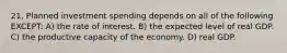 21. Planned investment spending depends on all of the following EXCEPT: A) the rate of interest. B) the expected level of real GDP. C) the productive capacity of the economy. D) real GDP.